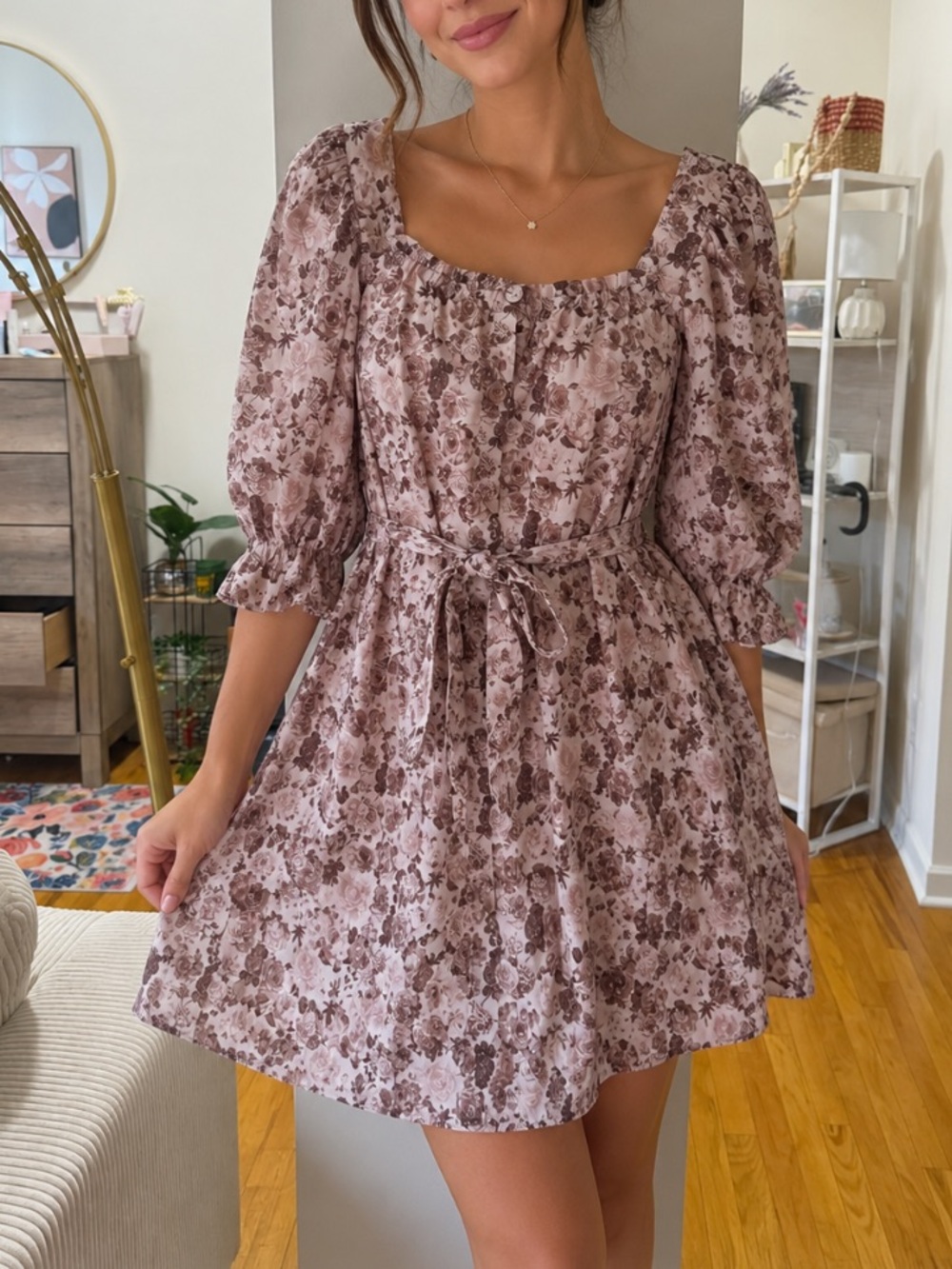 English Factory Floral Puff-Sleeve Mini Dress in Blush